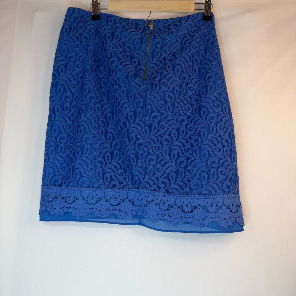 14 Ellen Tracy Lace Pencil Skirt Floral Crochet Hem Lined Blue